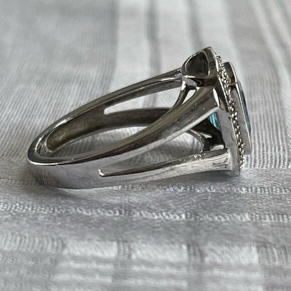 P*M .925 Sterling Silver Cushion Cut Blue Topaz Diamond Halo Ring Pendant Set - Picture 12 of 16